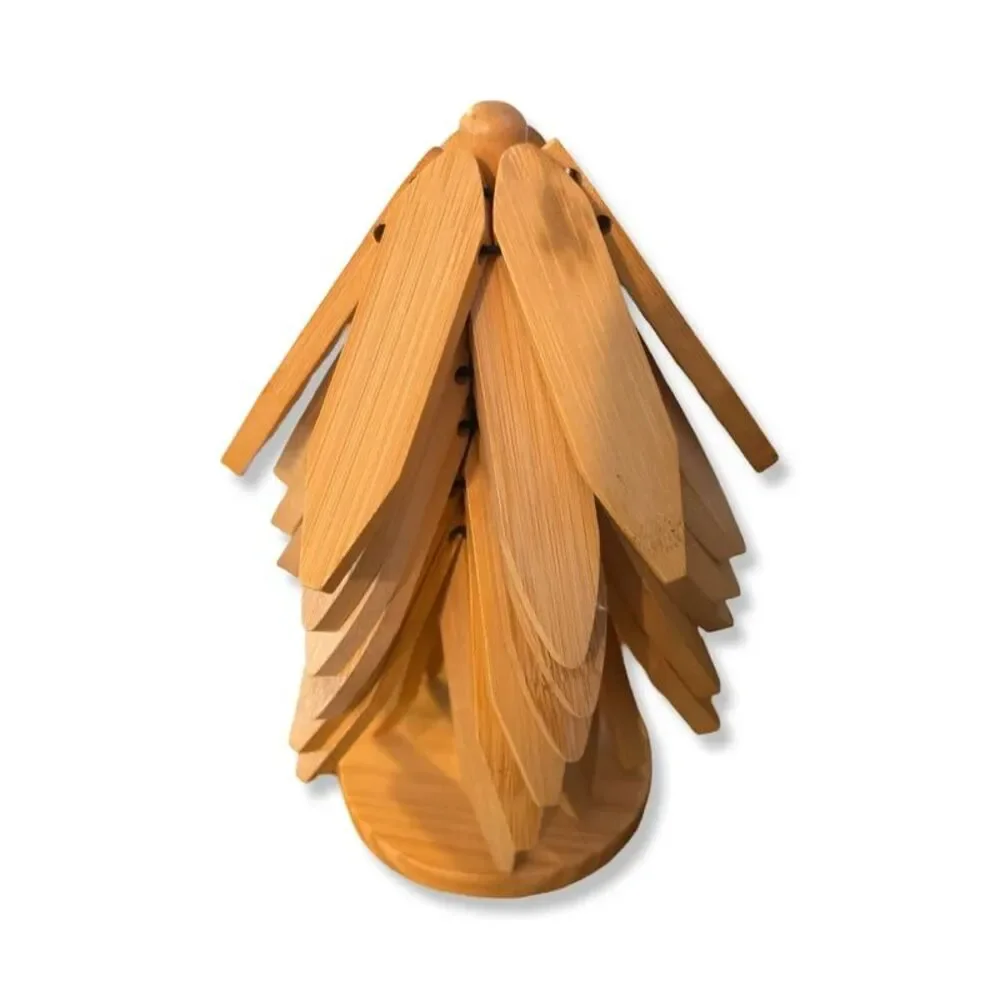 Bamboo Expanding Tree Trivet Collapsible Leaf Coaster Set with Wood Stand